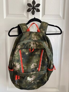 Lands End Green Camouflage Boys Backpack with Orange Accents and Dinosaur